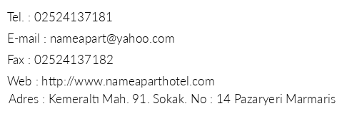 Name Apart Hotel telefon numaralar, faks, e-mail, posta adresi ve iletiim bilgileri